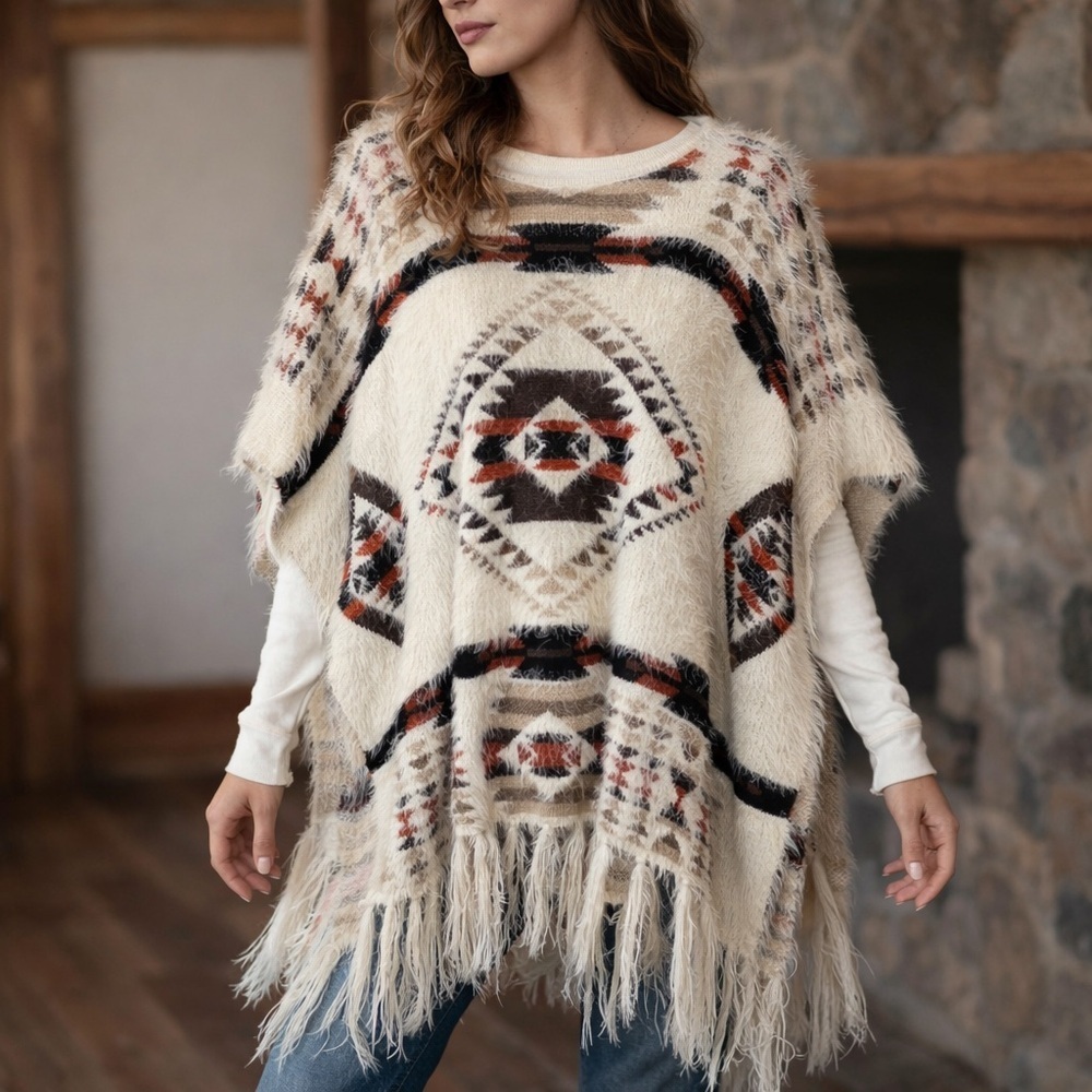 Oversized Southwestern Knit Poncho – Over-the-Head Pullover with Fringe